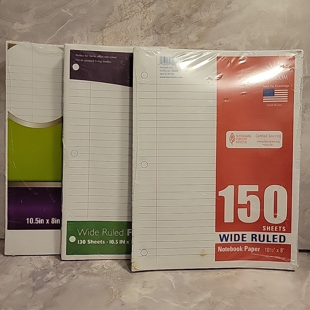 Filler Notebook Paper Wide Rule Norcom Wexford Midwood School Supplies 3 pack